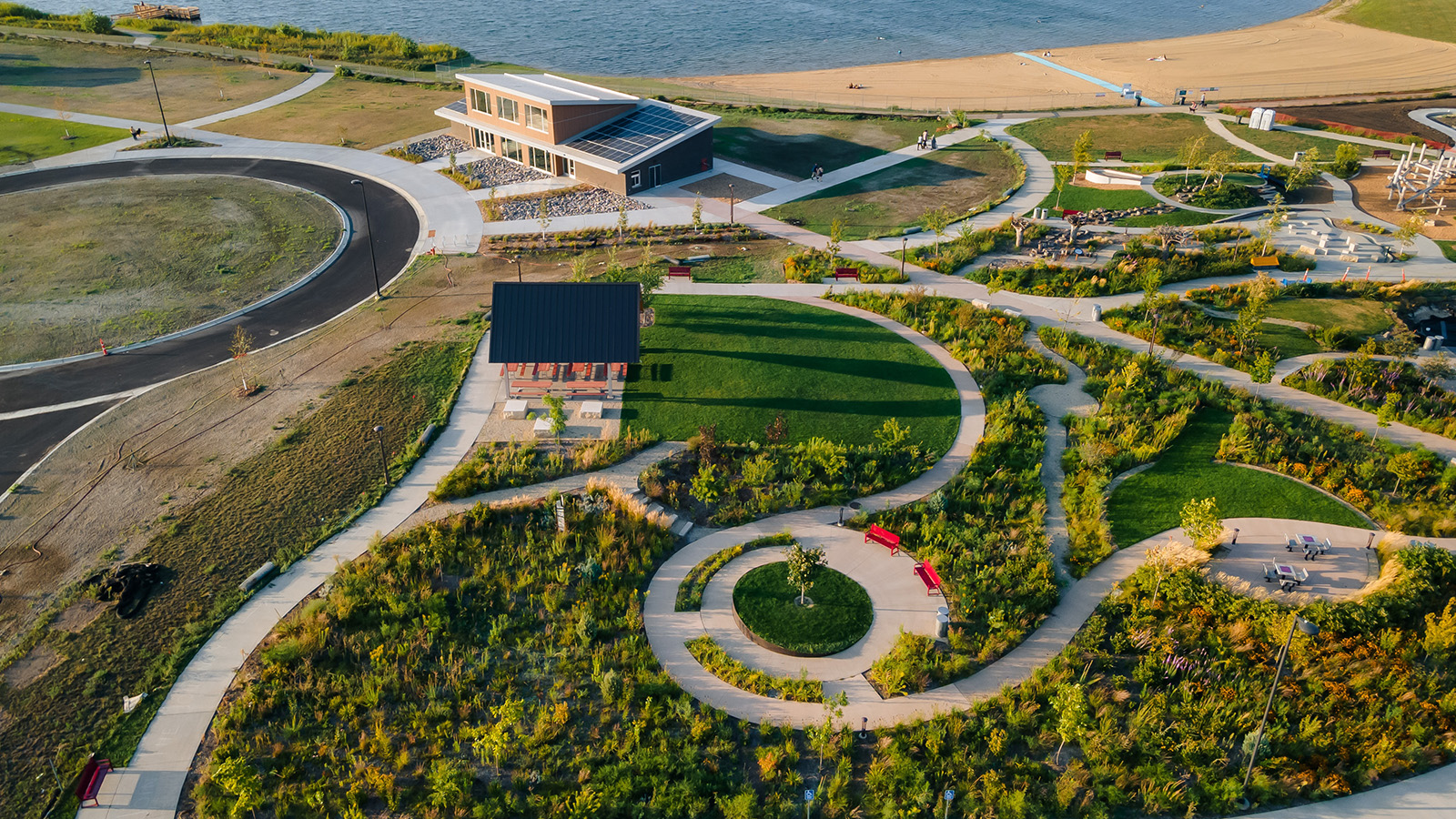 An Aerial view of the Pavilion and amphitheater at Cascade Lake Park.