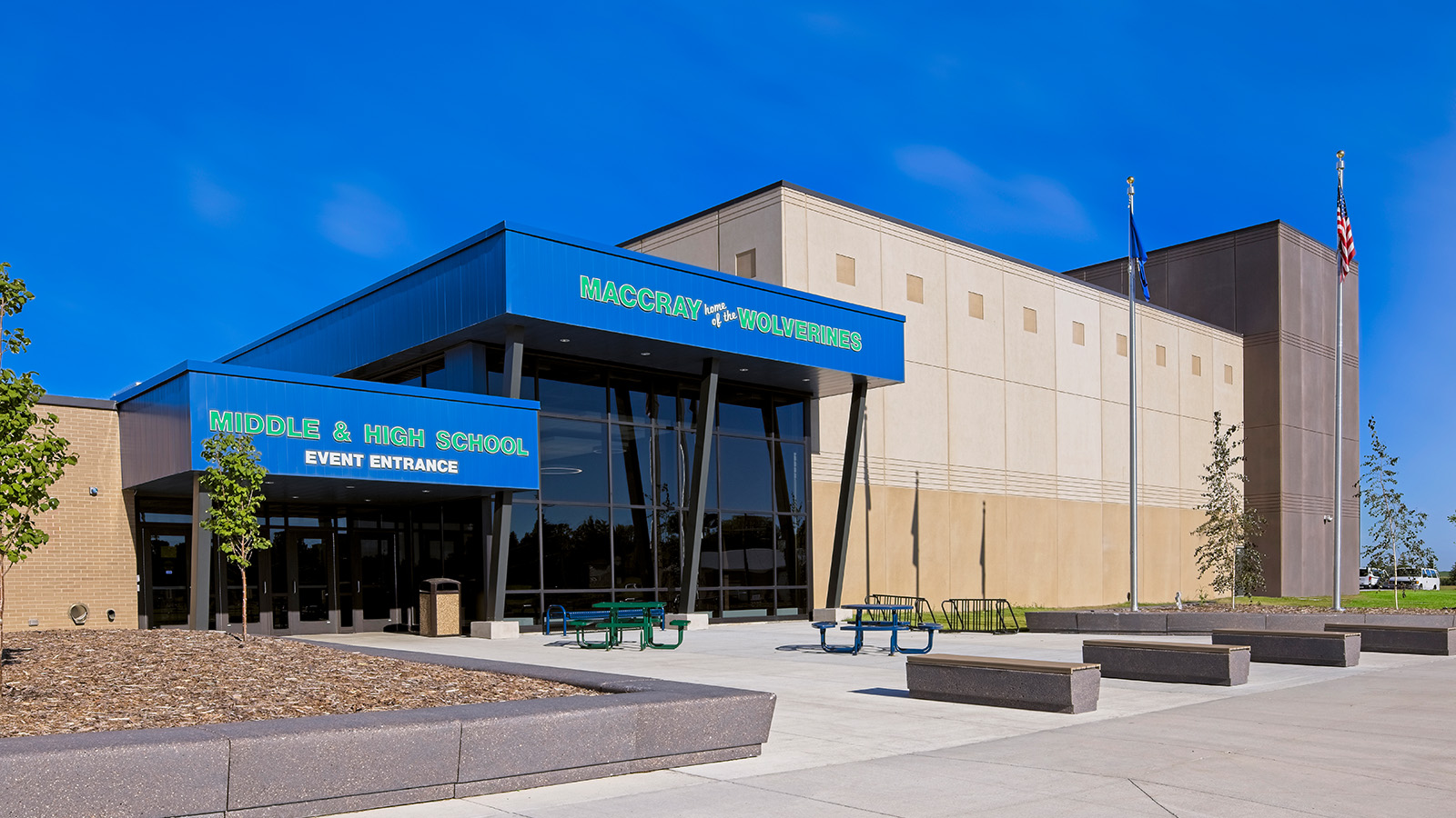 The front entry for MACCRAY Public School's new consolidated campus.